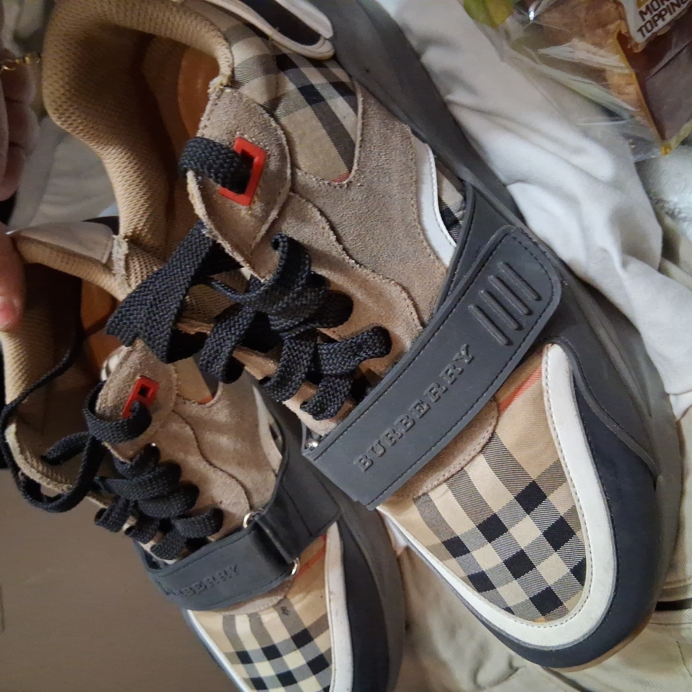BURBERRY  RAMSEY Beige Check Pattern Sneakers with Chunky Sole